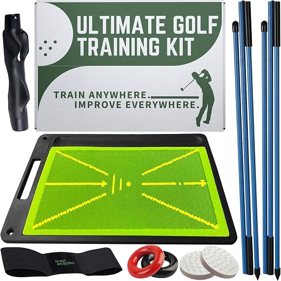 6-in-1 Golf Swing Trainer with Divot Board, Golf Grip Trainer, Alignment Sticks and Training Aid | Golf Accessories for Men & Women | Hitting Mat Practice Indoor & Outdoor