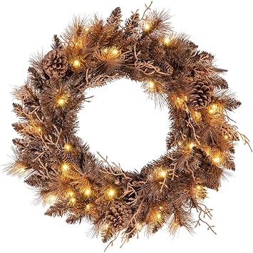 Goplus 24 Inch Pre-Lit Christmas Wreath, Battery Operated Lighted Artificial Winter Xmas Wreaths for Front Door with 105 Branch Tips, 35 Warm White LED Lights, Pine Cones, Windows Wall Mantel Decor