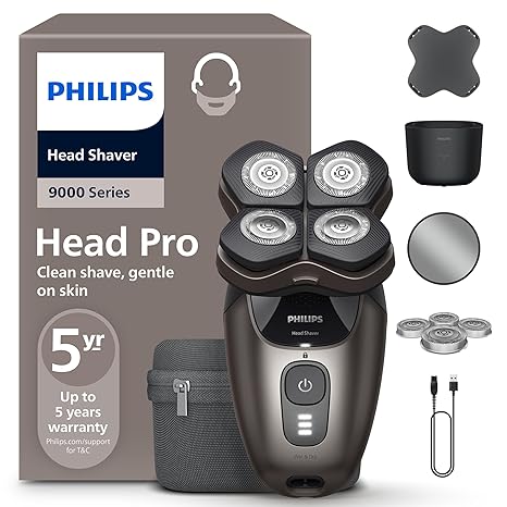 PHILIPS Head Shaver Pro Series 9000 - Bald Razor for Men and Women Electric Shaver with Flexible 360 Degree Shaving Head and ComfortCut Blades Gentle on Skin Model HS9980/15