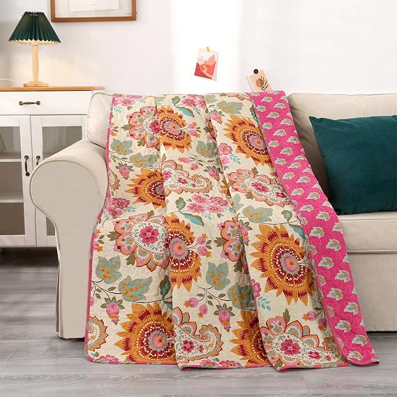 Qucover Single Bedspreads Quilted Patchwork Quilts, Red Floral Sofa Throws