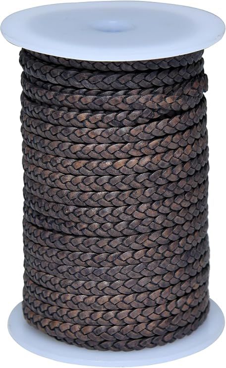 Flat Braided Genuine Leather String Cord, Rope for Jewelry Making, Necklaces, Bracelets, Wraps, Crafts and Hobby Projects (Distressed Gray, 5 MM 5.46 Yards (5 MTR Spool))