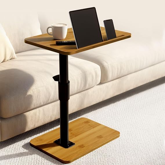 C-Shaped Side Table Height Adjustable Coffee Table 360° Rotating Living Room Table Wooden Table Top with Metal Frame Sofa Small Dining Table Mini Coffee Table Kitchen Table Couch Tray Table
