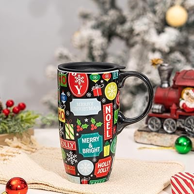 DUSVALLY Christmas Ceramic Coffee Mug Perfect Holiday Gifts for Friends and Family, Tall Latte Mugs Tea Cup with Lid and Color Box 17 Oz, Noel