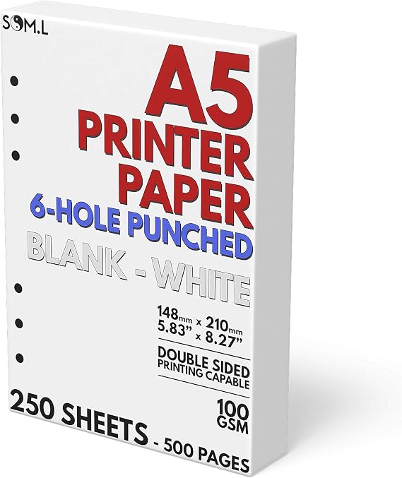 A5 Blank Paper 6-Hole Punched, 250 Sheets, 100 GSM, 5.83 x 8.27 inches