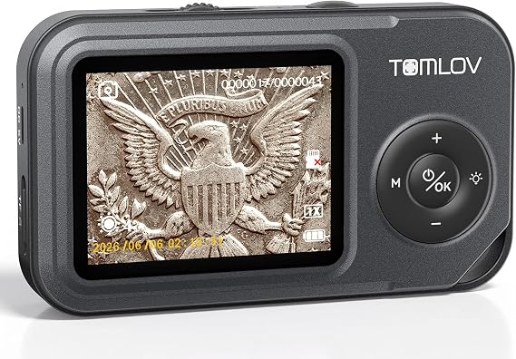 TOMLOV P50 Handheld Digital Microscope, Adjustable Focus, 2.4" IPS Screen | Adjustable LED Lighting, Pocket-Sized, Take Photos/Videos, Error Coin & Trichome View, For Collectors, Windows/Mac Compatible