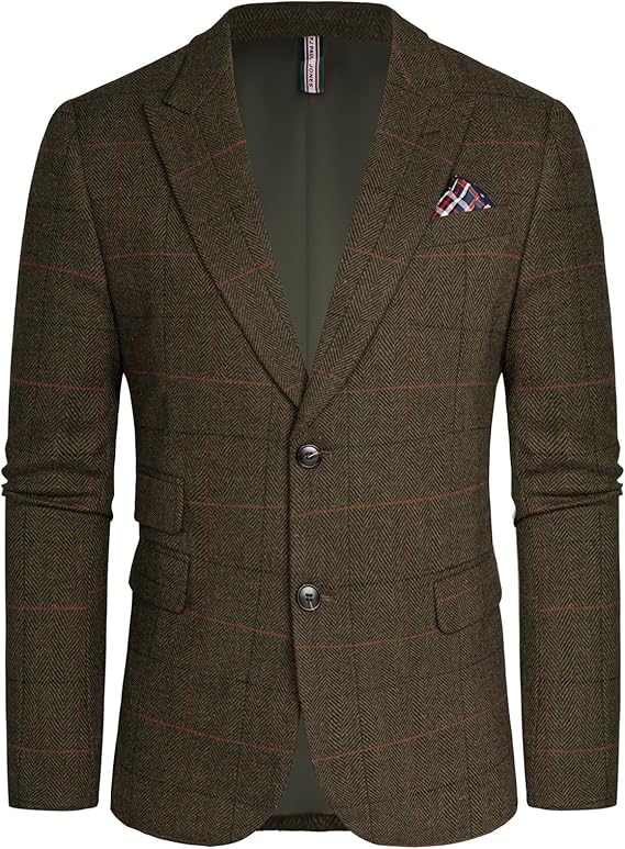 PJ PAUL JONES Mens Blazer Tweed Wool Blend Sport Coat Herringbone Jacket | Vintage Brown Houndstooth Blazer with Pocket Square, Casual Warm Sport Coat, Two Button Classic Jacket For Autumn Winter