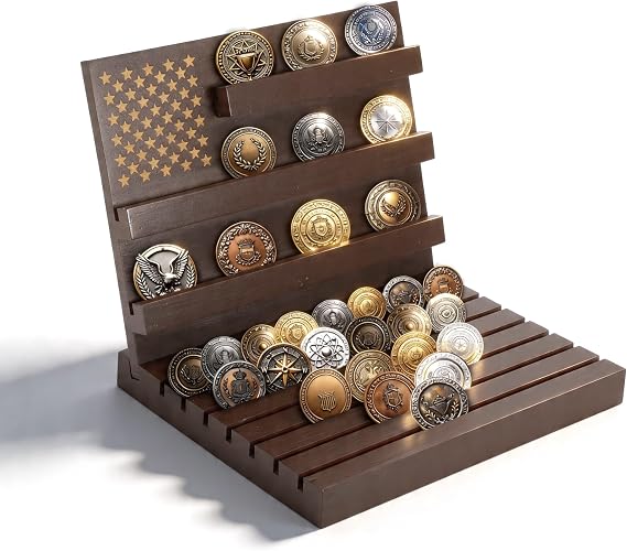 Coin Display Holder, Wood Coin Case Holds 70-80 Coins, Challenge Coin Display Stand for Collectors, Red Brown