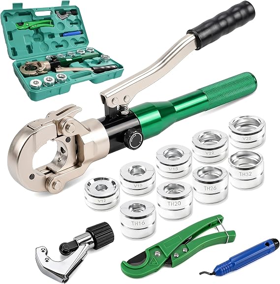 Pipe Press Tool Kit, Pipe Crimping Tool with 5 V-Profile Jaws (12-28mm) & 4 TH-Profile Jaws (16-32mm), Includes Pipe Cutter and Deburrer for Copper and Multilayer Pipe