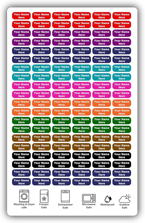 120 Small Personalized Waterproof Name Labels. Press and Stick Multi use Custom Mini Name Labels. Customized 2 Lines of Text and Color. Tiny Name Stickers with Permanent Self Adhesive.