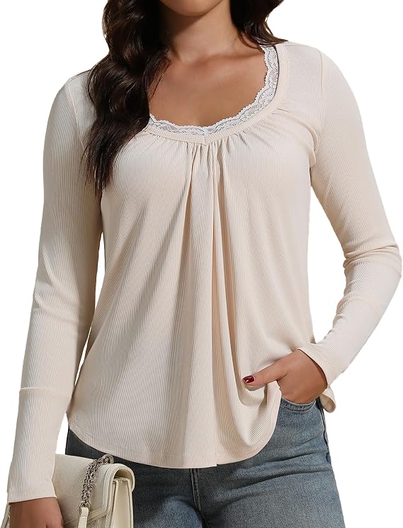 Susclude Lace Long Sleeve Shirts for Women V Neck T Shirt Casual Fall Comfy Pleated Basic Trendy Womens Tunic Tops 2025