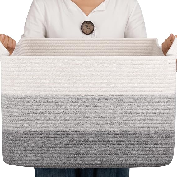 OIAHOMY Woven Blanket Basket Laundry Basket Dog Toy Basket Gradient Grey