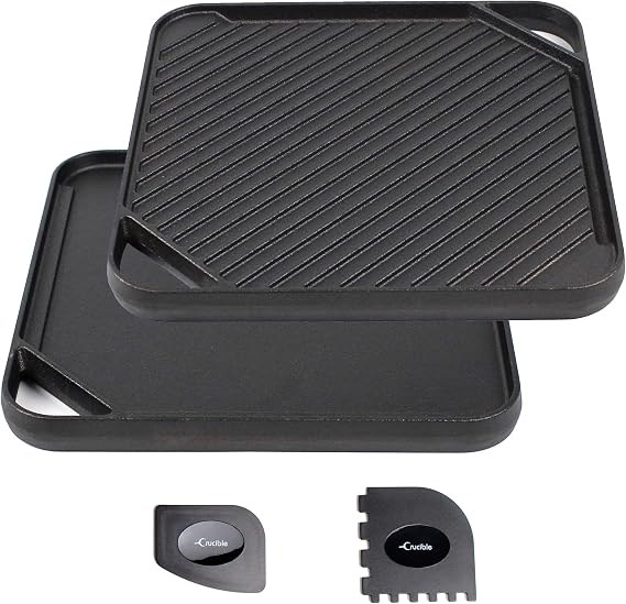 Cast Iron Griddle (10.63" by 10.63"), Reversible, Pre-Seasoned, Grill and Griddle Combo Pan, BBQ, Campfire, fits over one stovetop burner