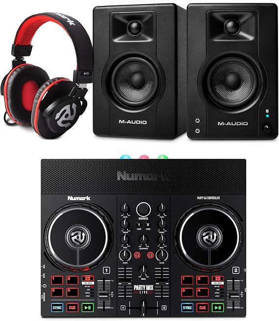 Numark Party Mix Live DJ Controller and M-AUDIO BX3 Pair Bluetooth Studio Monitors with Headphones for Studio Recording, Music Production, Podcasting, Streaming