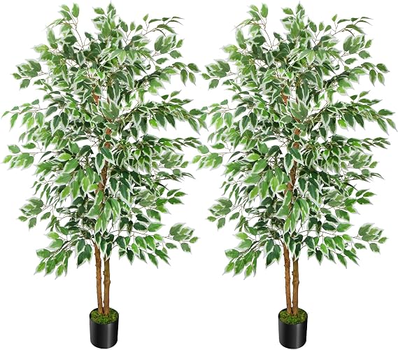 GTIDEA 2 Pcs 5ft Ficus Artificial Trees, Tall Faux Trees with Natural Trunk, Fake Silk Tree Artificial Plants for Home Decor Indoor Living Room Outdoor Balcony House Office Included Dried Moss