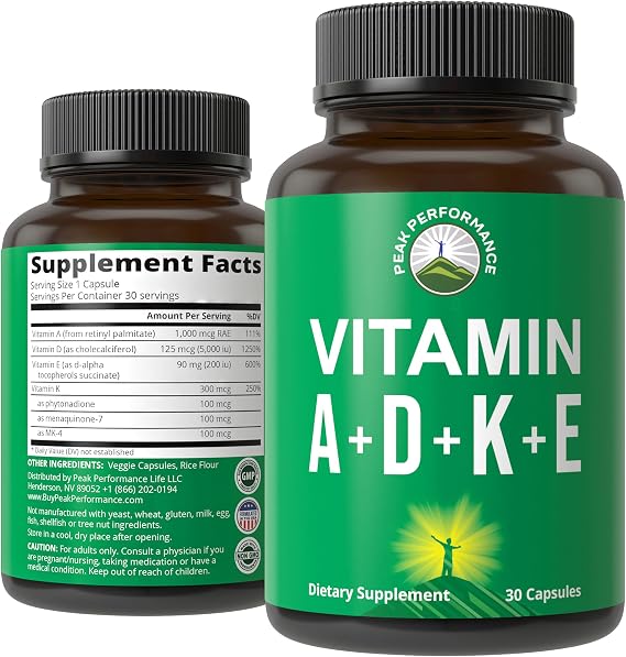 Peak Performance Vitamins D 5,000 iu + A + K + E All in 1 Vegan Capsule | ADK Vitamin Supplement with E D3 K2. Essential Vitamins for Mood, Immune, Bone, Vision, Heart. Easy to Swallow Capsules