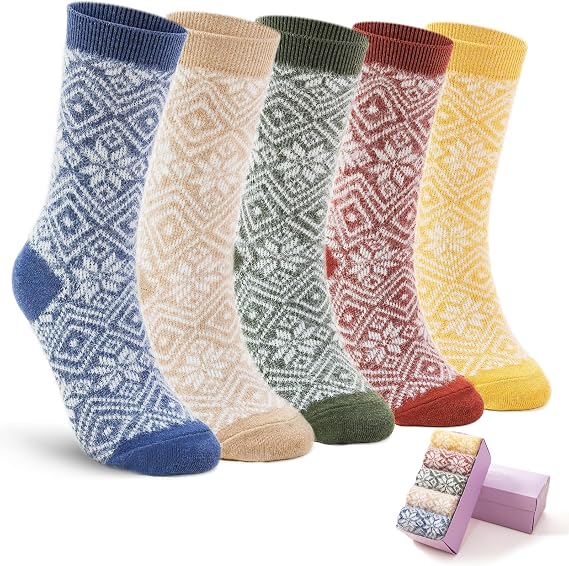 Womens Socks 5 Pairs Wool Warm Cotton Thick Vintage Socks Gifts For Women | Casual Winter Cabin Cozy Crew Fuzzy Socks For Women Stocking Stuffers