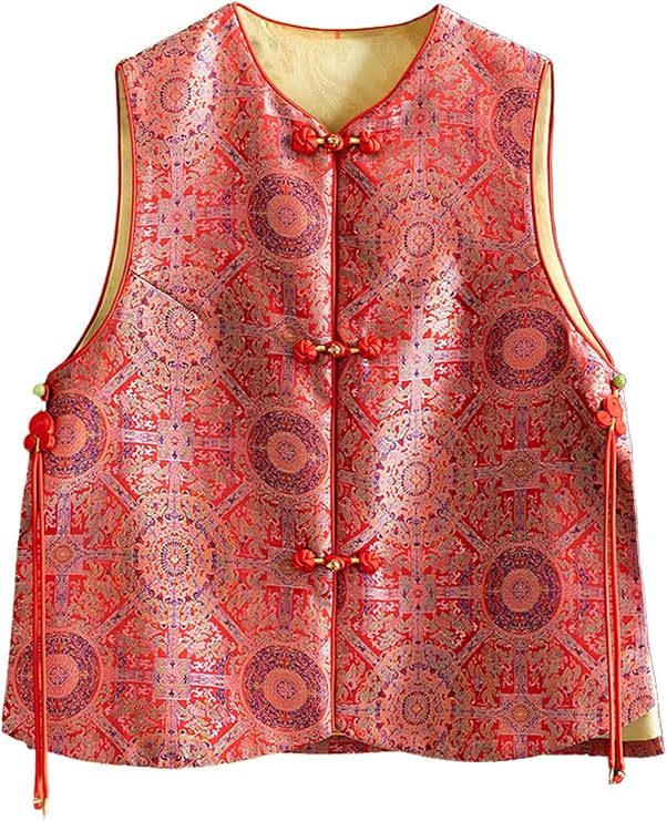 HangErFeng Chic Silk Crafted Exquisite Jacquard Vest Red 237