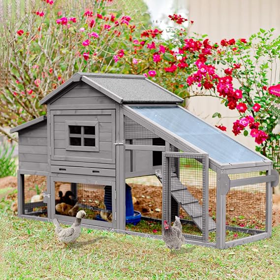 Aivituvin Wooden Chicken Coop Hen House, Outdoor Large Rabbit/Bunny Hutch, Small Animal Cage (Grey)