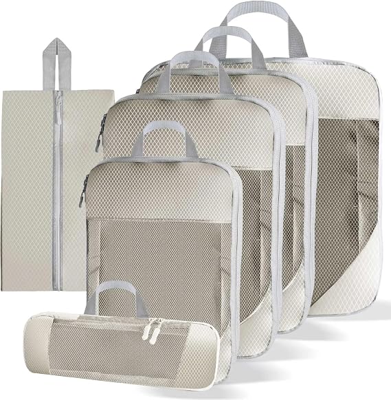 Packing Cubes Compressible Portable Large Capacity Waterproof Suitcase Handbag Luggage Organizer(6pcs beige)