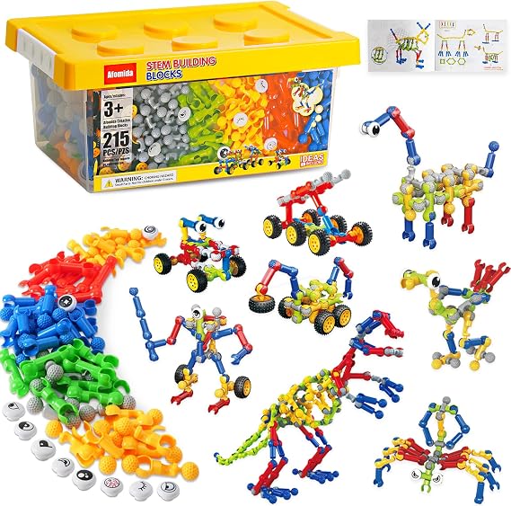 215 PCS STEM Building Blocks Playset for Kids Ages 4-8 Birthday Gifts Boys | Preschool Classroom STEM Activities. Storage box. Build 40+ models with guide. Educational Creative Games, Gift for ages 3+