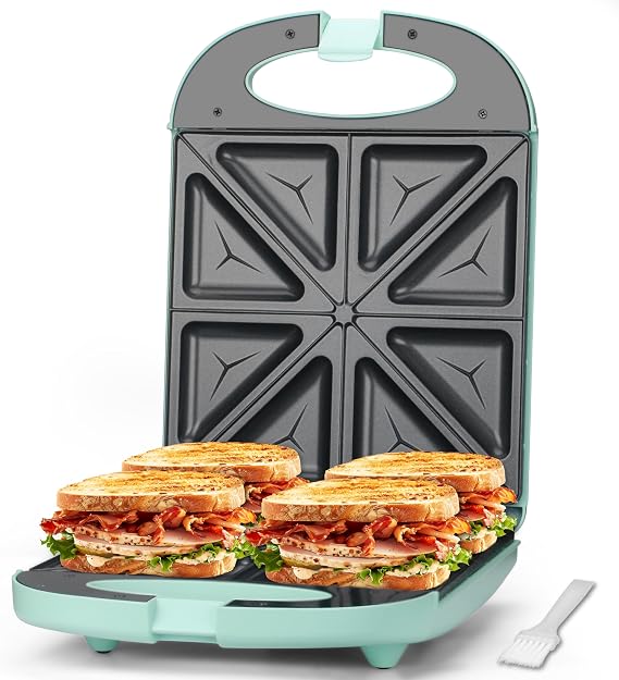 Bakers Friend Breakfast Sandwich Maker, 4 Slices of Panini Grill Press Sandwich Maker, Electric Sandwich Maker with Indicator Light, Grill Cheese & Egg Muffin Sandwich Maker, Aqua