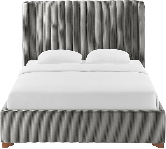 Corduroy Bed Frame - Tall Headboard Bed Frame with Vertical Stitching Design and Wingback Design, Upholstered Bed Frame with Wooden Slat Support, No Box Spring Needed Dark Gray, Full