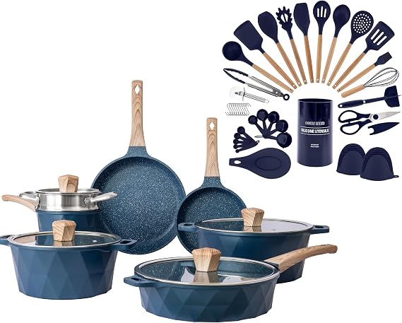 Country Kitchen Diamond Cookware and Utensils Set Bundle- 7 Piece Cast Aluminum Cookware Set with Pots and Pand=s and 38 piece Cooking Utensils Set with Holder and Gadgets (Navy)