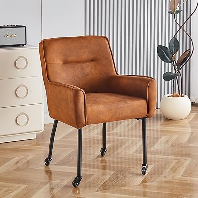 Dining Chairs with Casters, Upholstered Arm Accent Living Room Chair, Kitchen Dining Room Chairs with High Back Suede Comfy Chairs for Office, Bedroom, Vanity Chair, Brown