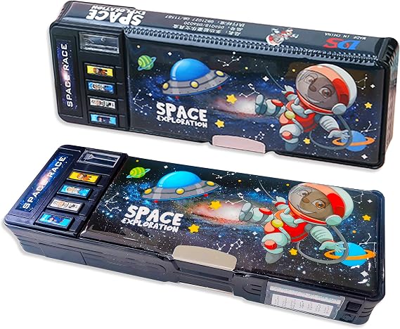 Pop Up Multifunction Pencil Case for Girls Boys, Cute Cartoon Pen Box Organizer Stationery with Sharpener, Schedule, Whiteboard, School Supplies for Kids (Black)