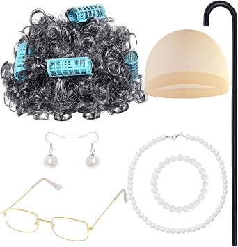 baotongle Old Lady Costume Set: Wig, Glasses, Necklace, Earrings, Bracelet - Grandmother Dress Up Accessories for Women - Halloween, Christmas, Birthday, Masquerade, Cosplay
