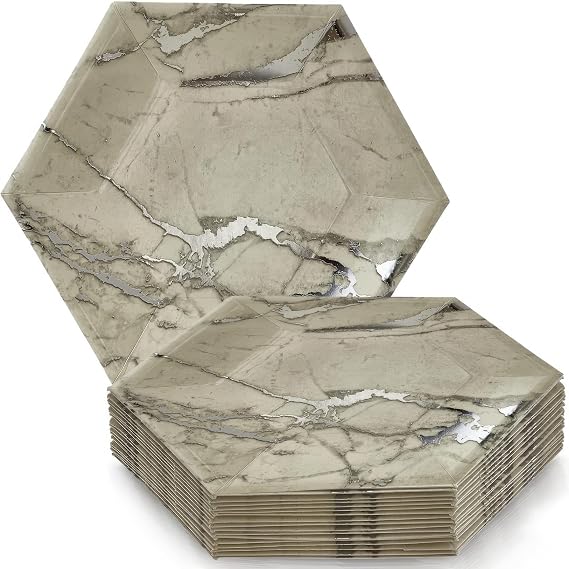 Silver Spoons SILVER MARBLE DESIGN PAPER PLATES | Hexagon Dinner Plates | Marble Collection | 18 PC | 10.25'