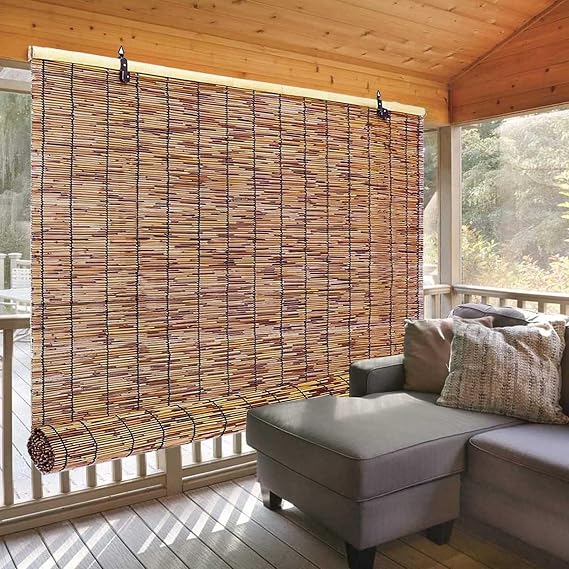Patio Shades Roll Up Outdoor, Bamboo Blinds for Outdoor Patio, Thernal Insulated Shading Reed Blinds, Blackout Bamboo Shade, Privacy Screen, Cordless, 24 30 34 36 39 43 48 51 55 70 Width