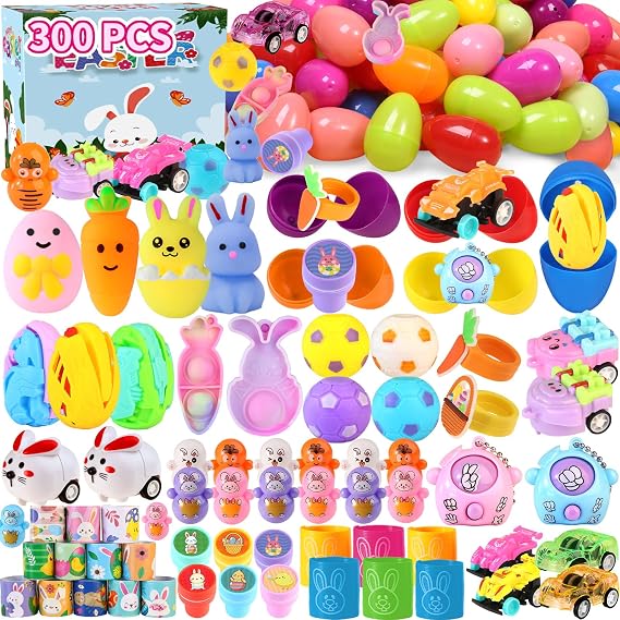 300pcs Bulk Prefilled Easter Eggs with Toys, Filled Easter Eggs for Kids, Stuffed Easter Eggs with Toys for Easter Eggs, Perfect for Easter Egg Hunt Supplies, Basket Stuffers & Classroom Prizes