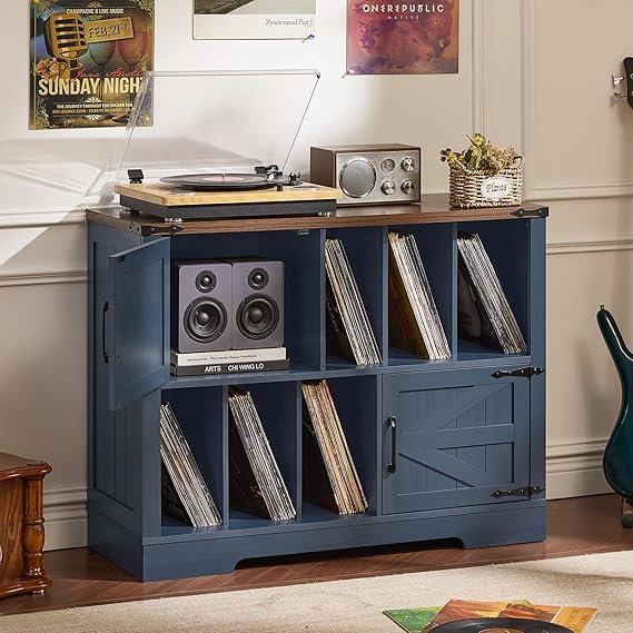 Joaxswe Large Record Player Stand with Vinyl Storage Up to 450 Albums, 39 Inch Farmhouse Wood Navy Blue Vinyl Records Storage Cabinet with Barn Doors, Mid-Century Turntable Stand for Living Room