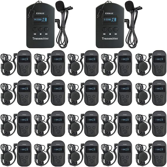 EXMAX EXD-101 2.4G Wireless Audio Voice Transmission System for Simultaneous Interpretation Church Translation Translator Device Long Range Tour Guide Conference City Trip(2 Transmitters 20 Receivers)