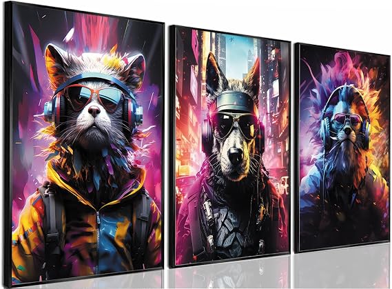 Yolbcdr Cyberpunk Animal Gamer Wall Art Poster Set of 3, 12x16 inch