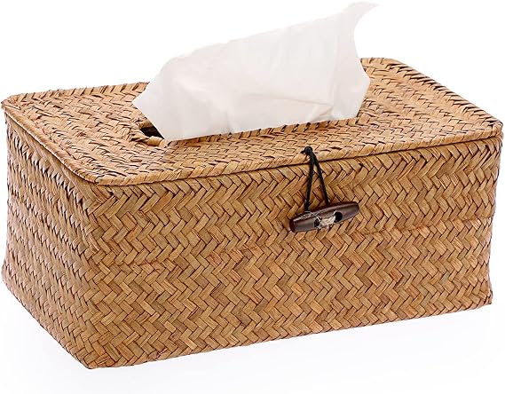 SUMNACON Rectangular Seagrass Cosmetic Tissue Box for Household Decorative Woven Paper Holder Caramels Rattan Tissue Box Home Decoration for Bathroom Living Room Office Restaurant Crafts