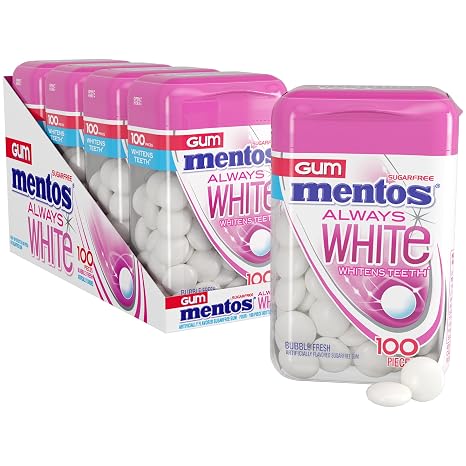 Mentos Always White Bubble Fresh Sugar Free Gum with Xylitol Sweetener, 100 Count Bottle, 4 Bottles
