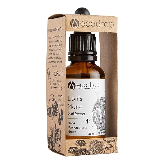 Ecodrop Lions Mane Mushroom Supplement 30ml, Dual Extract Liquid Tincture | Hericium erinaceus drops from fruiting bodies for memory & focus; vegan, heavy-metal tested, made in Finland, bottled in UK.