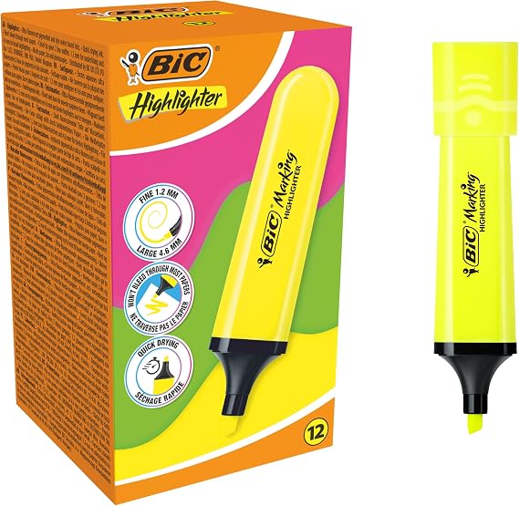 BIC Marking Flat Higlighter Phosphor Pen 12 Box, Yellow Phosphorus Pen, Water Based, Quick Drying Ink