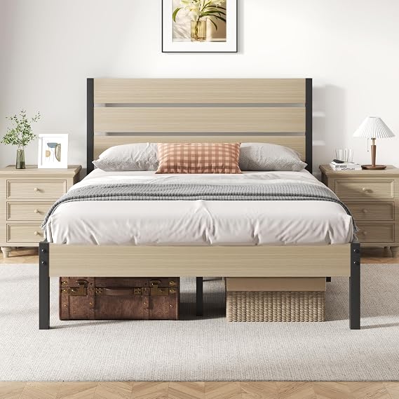 Fluest Full Bed Frame with Headboard and Footboard, with Under Bed Storage, All-Metal Support System, No Box Spring Needed, Easy Assembly, Beige