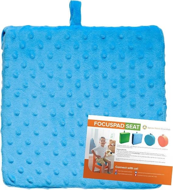 Special Needs Essentials FocusPad Vibrating Sensory Seat Cushion - Wiggle Seat & Foot Fidget for Kids and Adults with ADHD or Autism, Classroom & Home | Blue Textured Square
