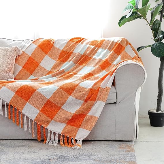 Orange White Buffalo Plaid Decor Blanket, Lightweight Soft Chenille Check Knitted Rustic Farmhouse Throw with Tassels for Couch Sofa Chair Bed Office Home, 50" x 60"