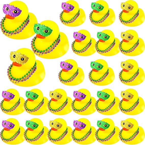 Deekin 24 Pcs Mardi Gras Rubber Ducks Mini Yellow Ducks Tiny with Mardi Gras Mask Beads Necklace Bath Float Decorations for Shower Birthday Party Favors Carnival Gift