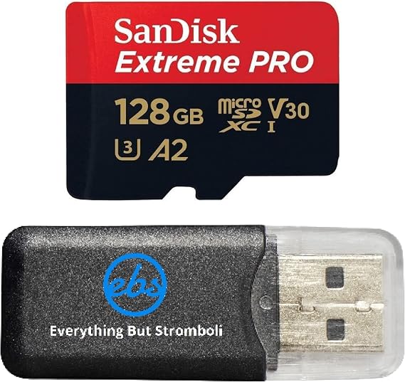 SanDisk Micro 128GB Extreme Pro Memory Card Works with Insta360 Models | For ONE RS 1-Inch 360, One X3 Action Cameras (SDSQXCD-128G-GN6MA) Bundle with 1 Everything But Stromboli MicroSD Card Reader