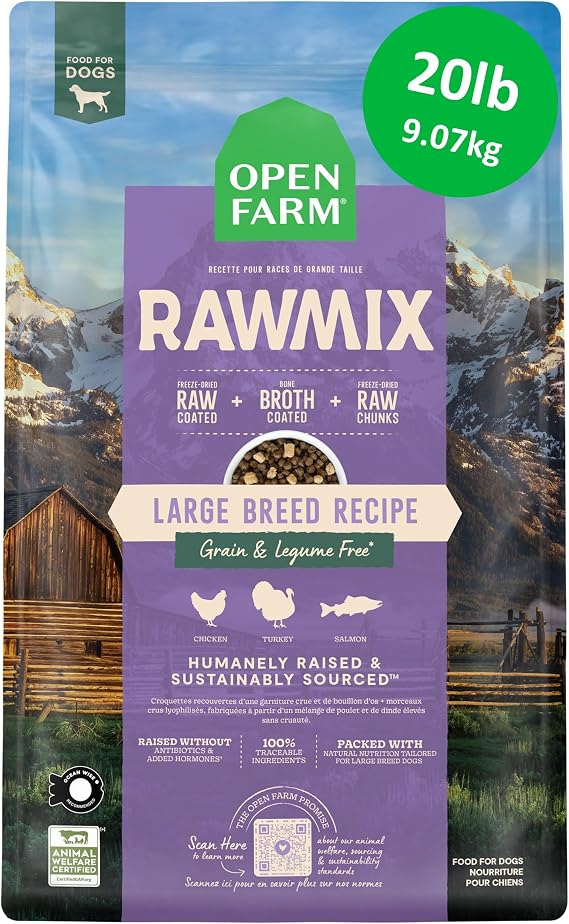 Open Farm RawMix Grain Free Dry Dog Food, Large Breed Kibble, 20lb Bag | Wild Caught Salmon, Humanely Raised Chicken & Turkey, Freeze Dried Raw Chunks, 100% Traceable Ingredients.
