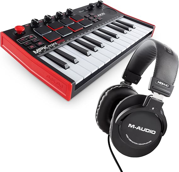 MIDI Controller Bundle - AKAI Professional MPK Mini Play MK3 MIDI Keyboard with MPC Beats Production Software and M-Audio HDH40 Over Ear Headphones