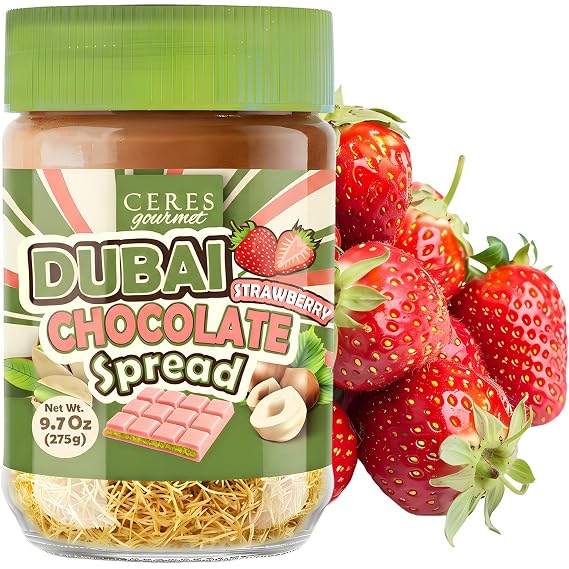 Dubai Spreadable Chocolate with Freeze-Dried Strawberry Pistachio Spread with Roasted Phyllo - Gourmet Breakfast Chocolate, 275g / 9.7 oz
