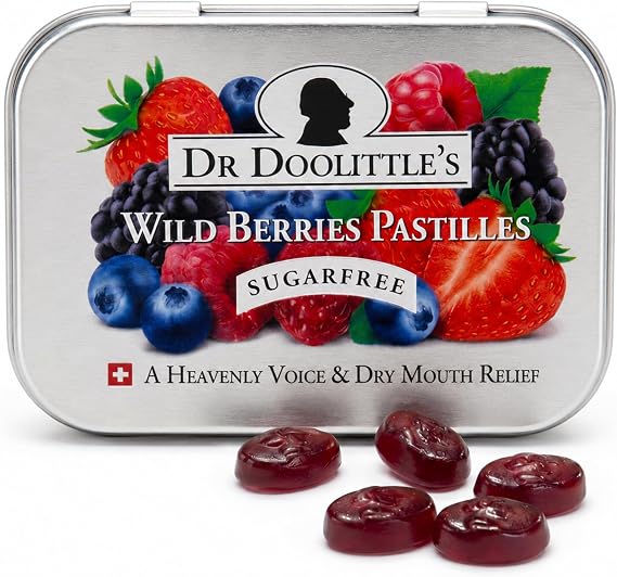 Dr. Doolittles Sugar Free Soft Fruit Pastilles for Voice and Throat, Wild Berries Flavor, 2.12 Ounce Tin, approximately 25 Count Package