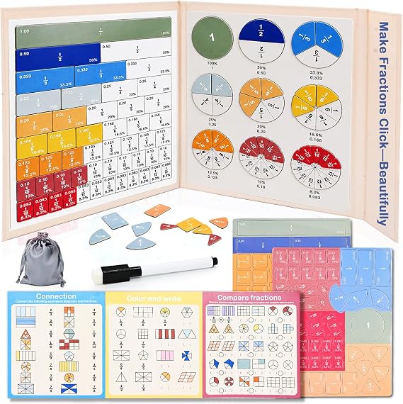 Magnetic Fraction Tiles & Circles Montessori Set for Elementary Kids - Hands-On Math Manipulatives with Activity Book - Learn Fractions, Decimals, Percentages